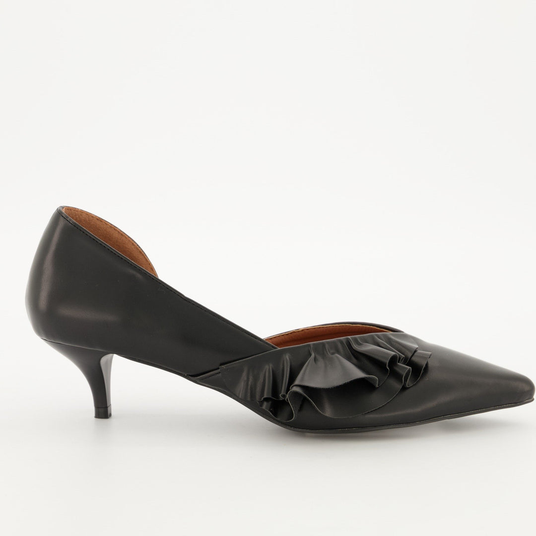 Ladies Pointed Dorsay Kitten Heel with Side Frill - Black