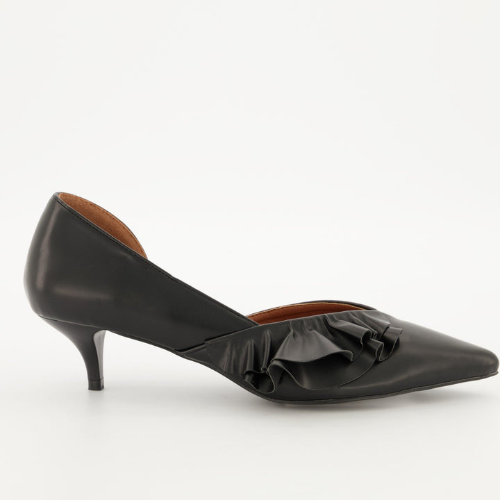Ladies Pointed Dorsay Kitten Heel with Side Frill - Black