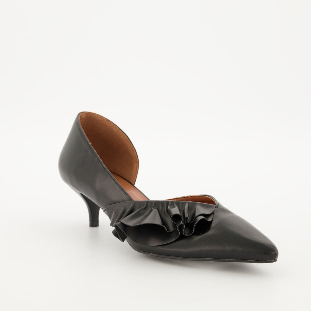 Ladies Pointed Dorsay Kitten Heel with Side Frill - Black