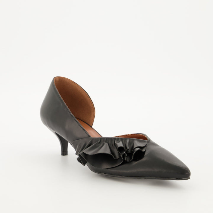 Ladies Pointed Dorsay Kitten Heel with Side Frill - Black