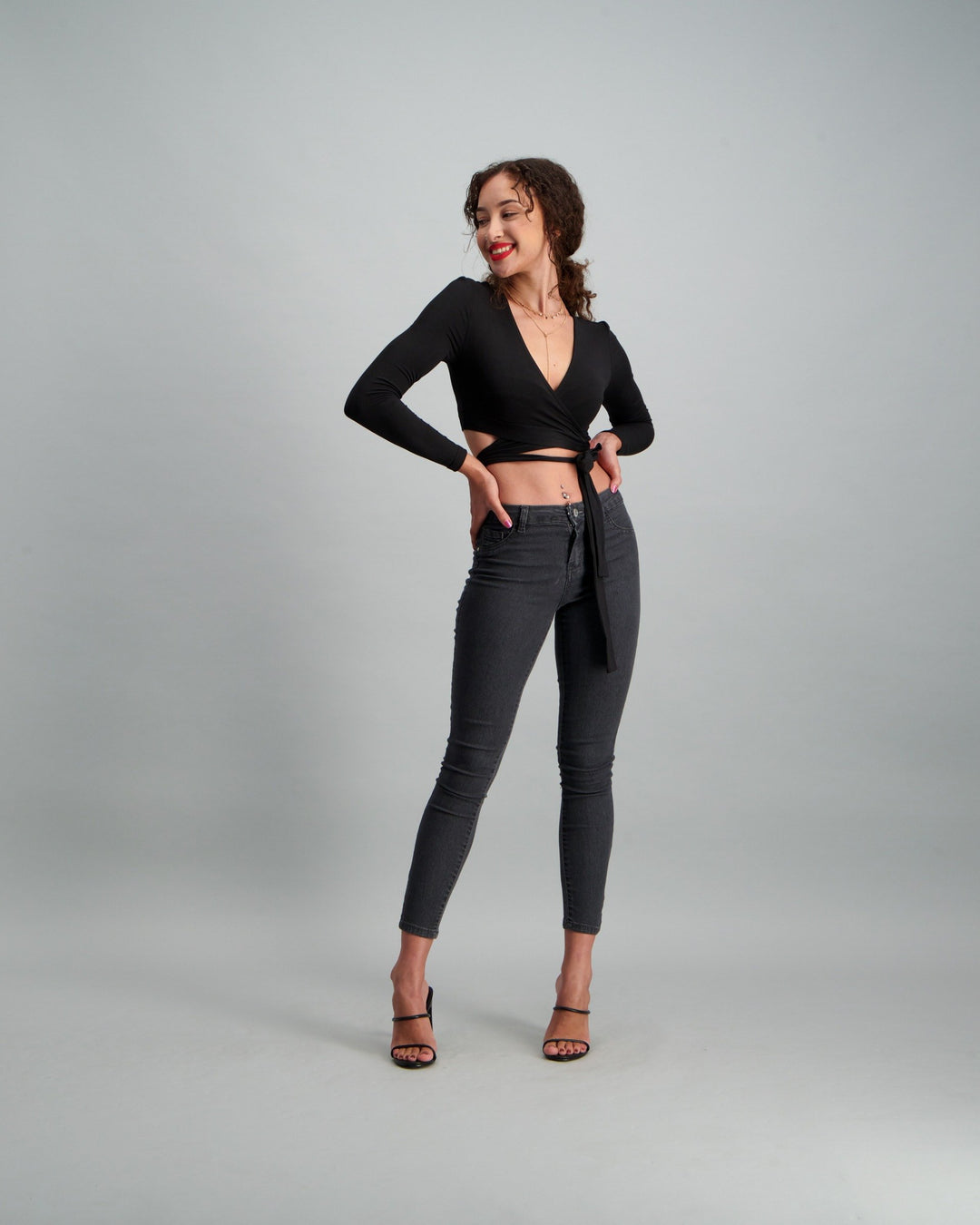 Ladies Crop Wrap Top - Black