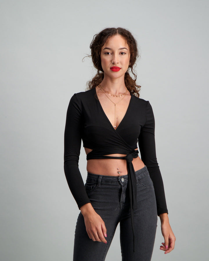 Ladies Crop Wrap Top - Black