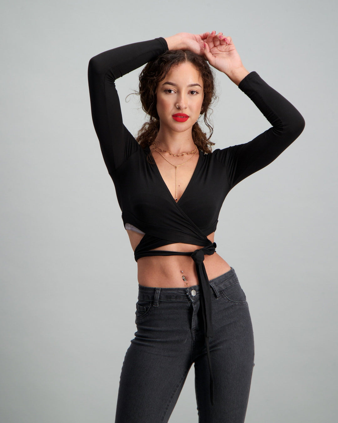 Ladies Crop Wrap Top - Black