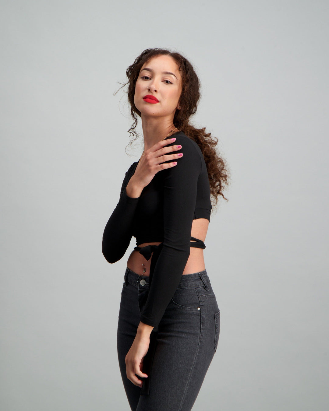 Ladies Crop Wrap Top - Black