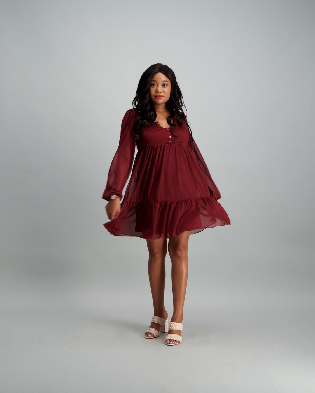 Ladies Tiered Mesh Dress - Berry