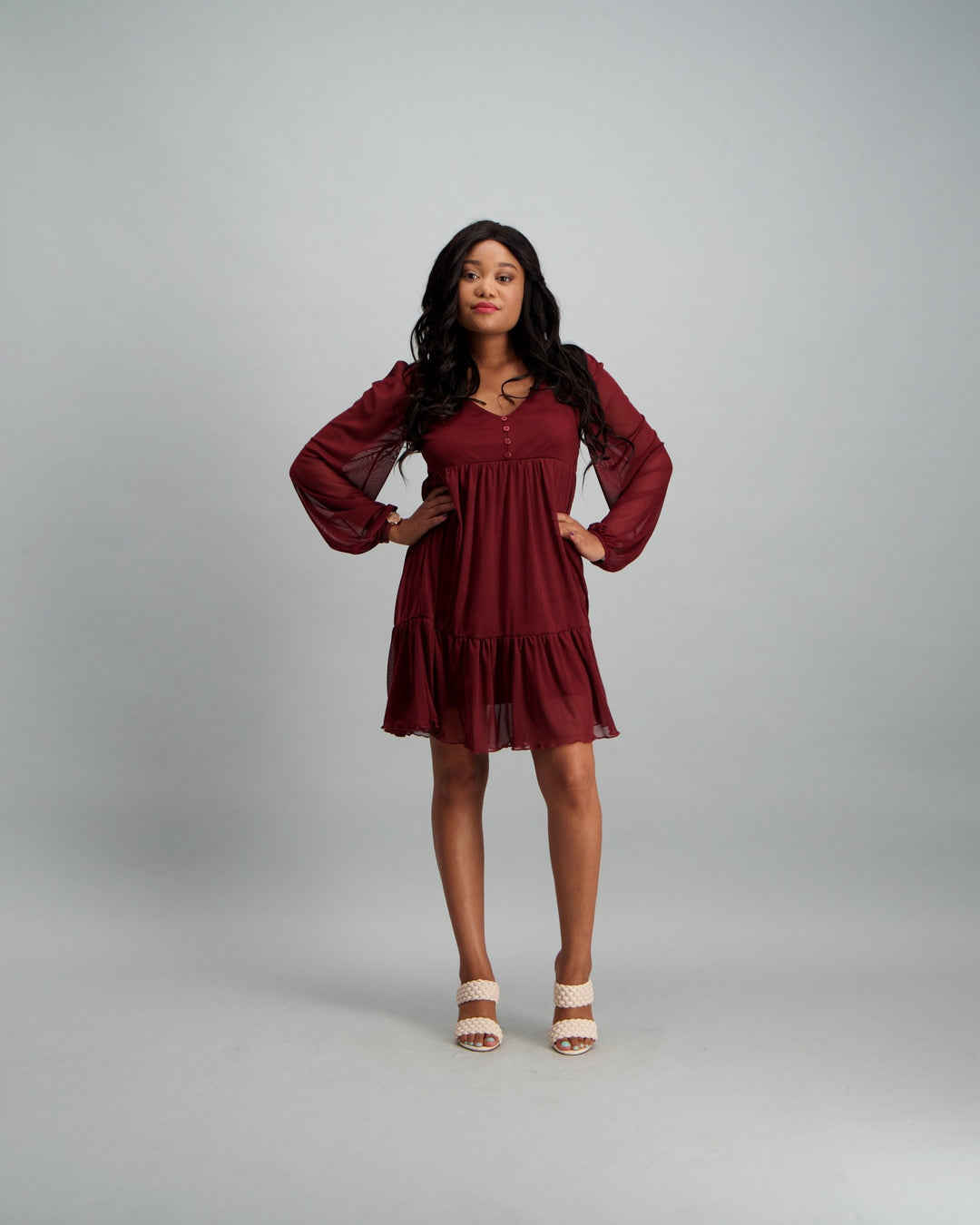 Ladies Tiered Mesh Dress - Berry