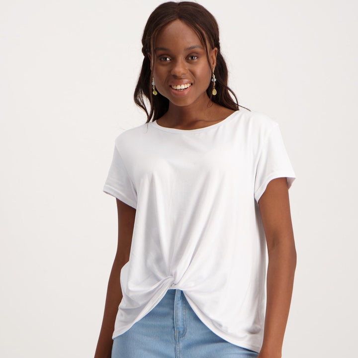 Ladies Front Knot Basic T-Shirt - White