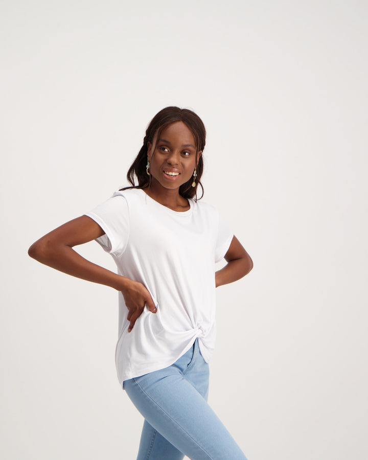 Ladies Front Knot Basic T-Shirt - White