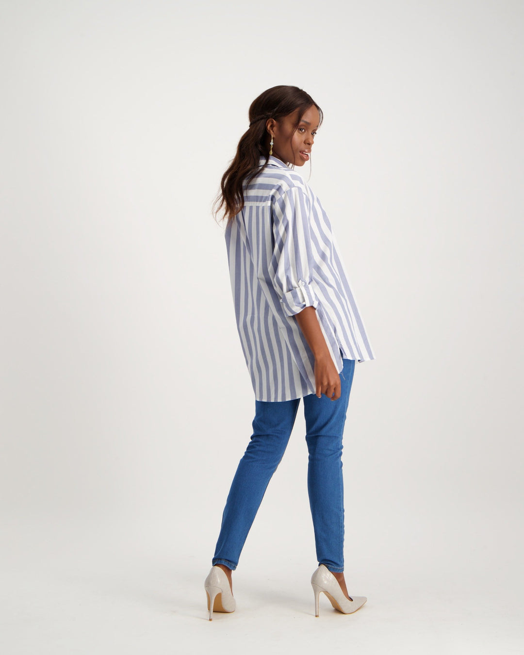 Ladies Striped Oversized Shirt - White/Blue