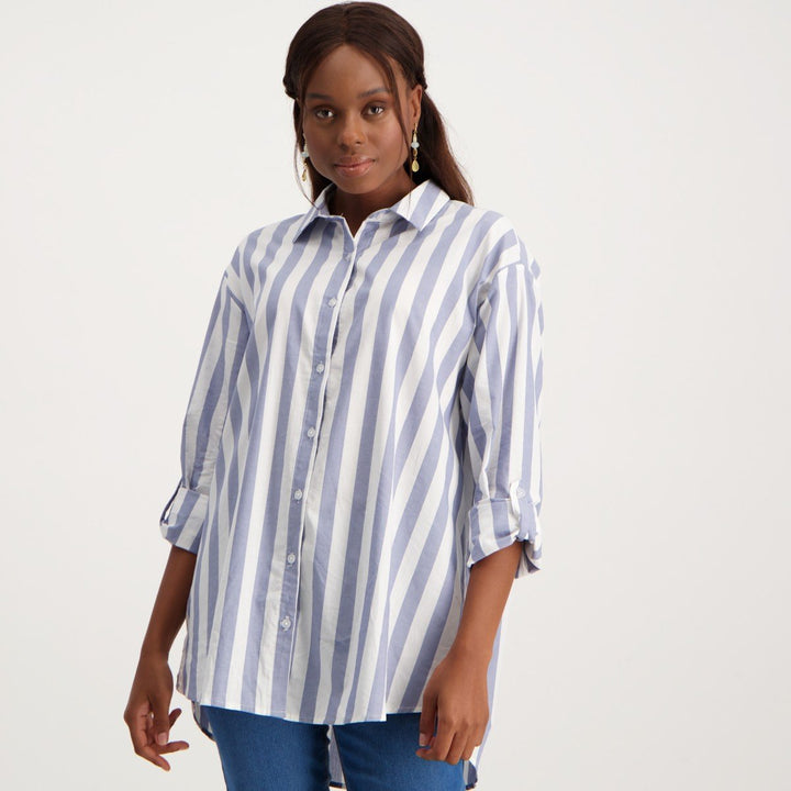 Ladies Striped Oversized Shirt - White/Blue
