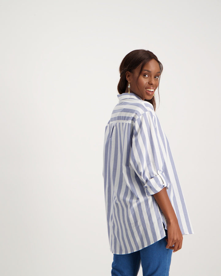 Ladies Striped Oversized Shirt - White/Blue