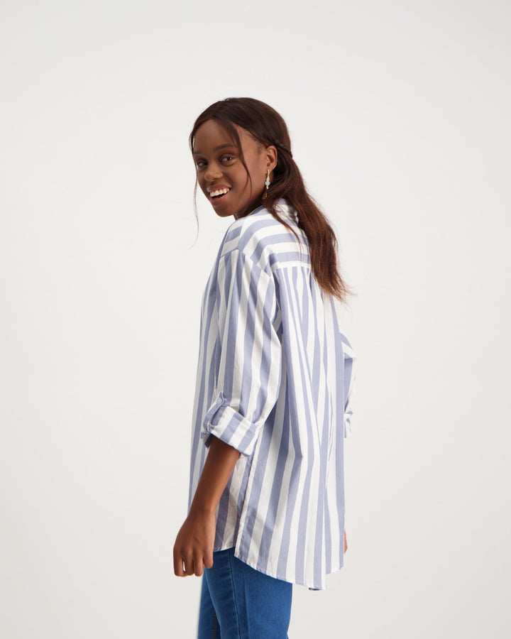 Ladies Striped Oversized Shirt - White/Blue