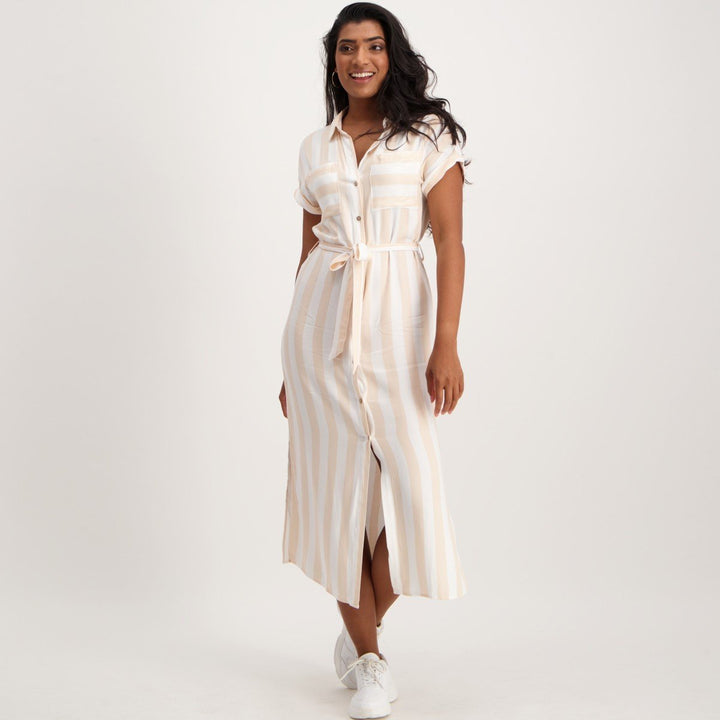 Ladies Striped Shirt Dress-Stone