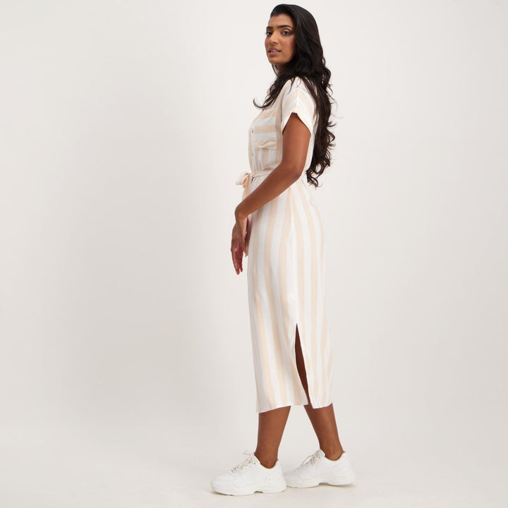 Ladies Striped Shirt Dress-Stone