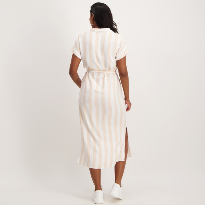 Ladies Striped Shirt Dress-Stone