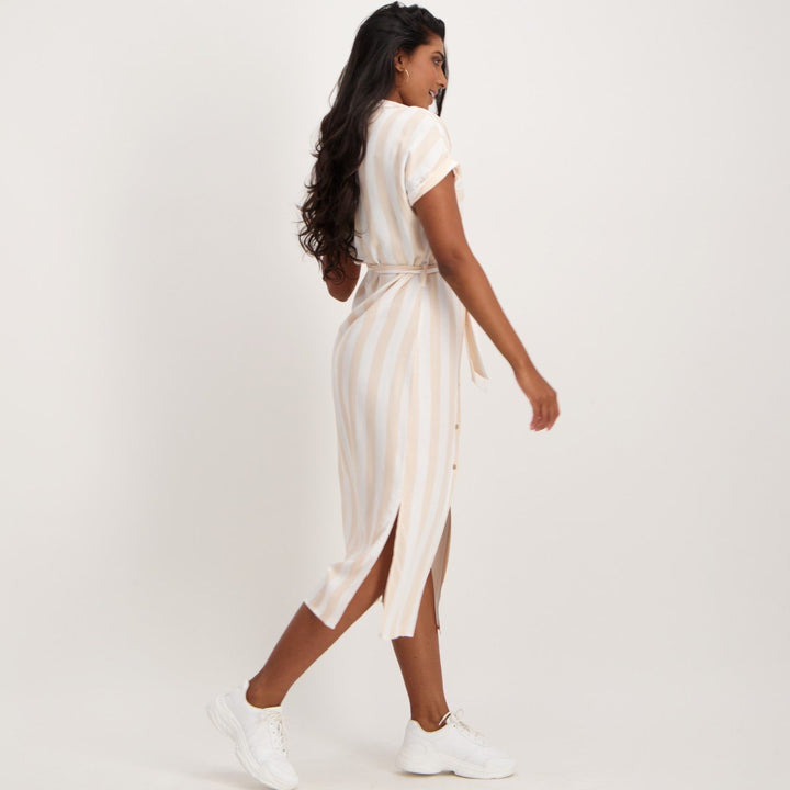 Ladies Striped Shirt Dress-Stone