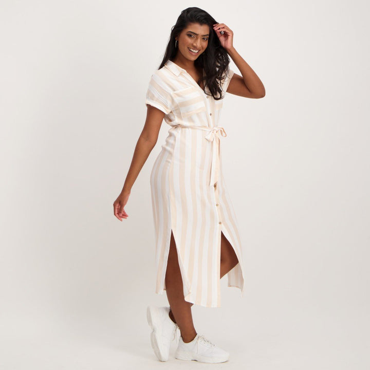 Ladies Striped Shirt Dress-Stone