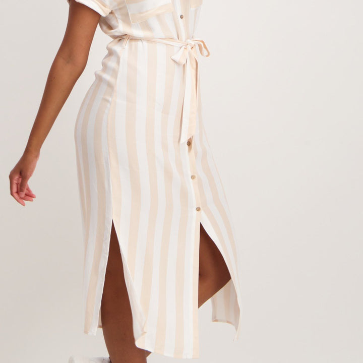 Ladies Striped Shirt Dress-Stone