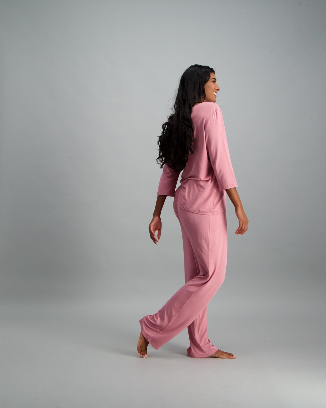 Ladies 3/4 Sleeve Viscose Spandex Pyjama Set - Pink