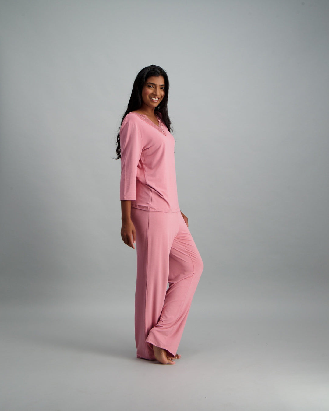 Ladies 3/4 Sleeve Viscose Spandex Pyjama Set - Pink