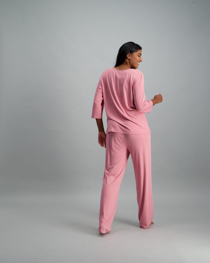 Ladies 3/4 Sleeve Viscose Spandex Pyjama Set - Pink