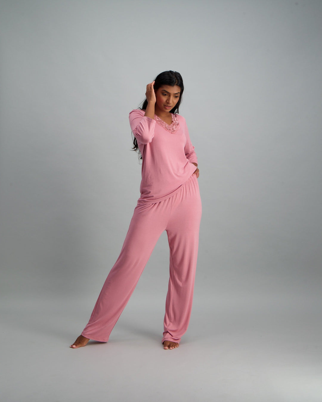 Ladies 3/4 Sleeve Viscose Spandex Pyjama Set - Pink