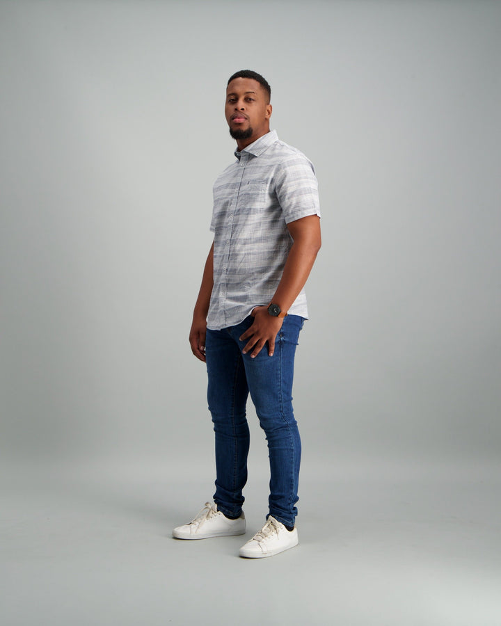 Short Sleeve Blue Vertical Striped Shirt Grey