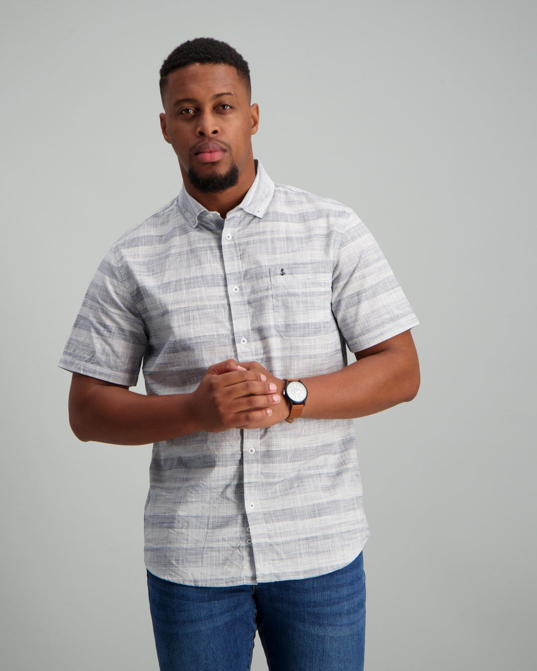 Short Sleeve Blue Vertical Striped Shirt Grey