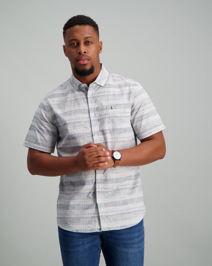 Short Sleeve Blue Vertical Striped Shirt Grey