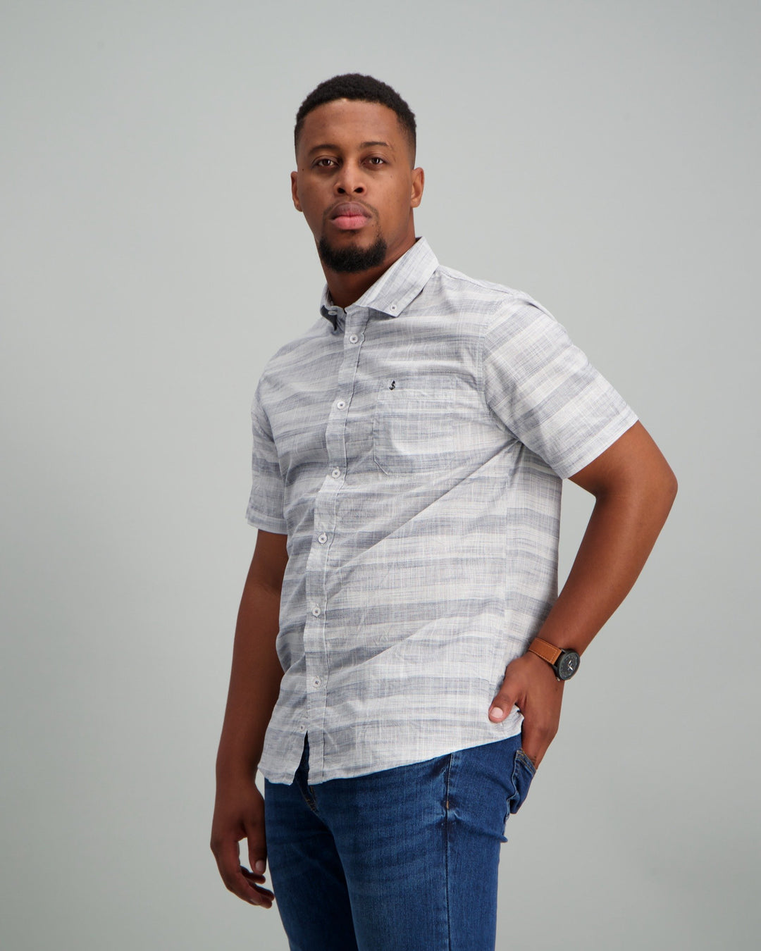 Short Sleeve Blue Vertical Striped Shirt Grey