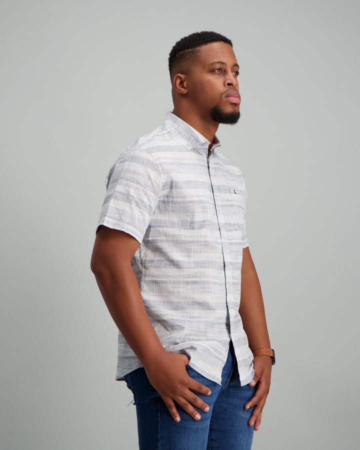 Short Sleeve Blue Vertical Striped Shirt Grey