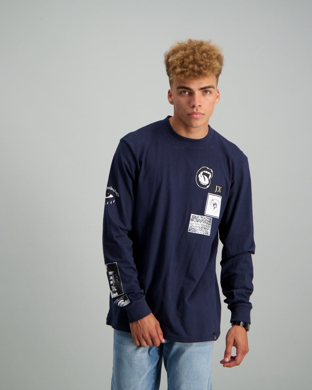 Men's Long Sleeve Image Print T-shirt - Navy
