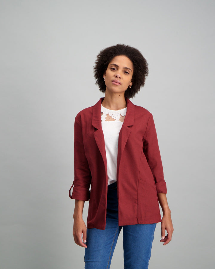 Ladies-Linen Blazer - Burgundy