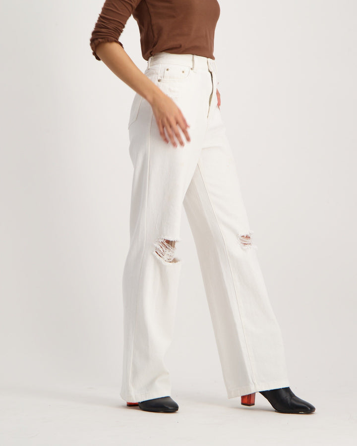 Ladies Ivory 90'S Fit Ripped Denim Jean