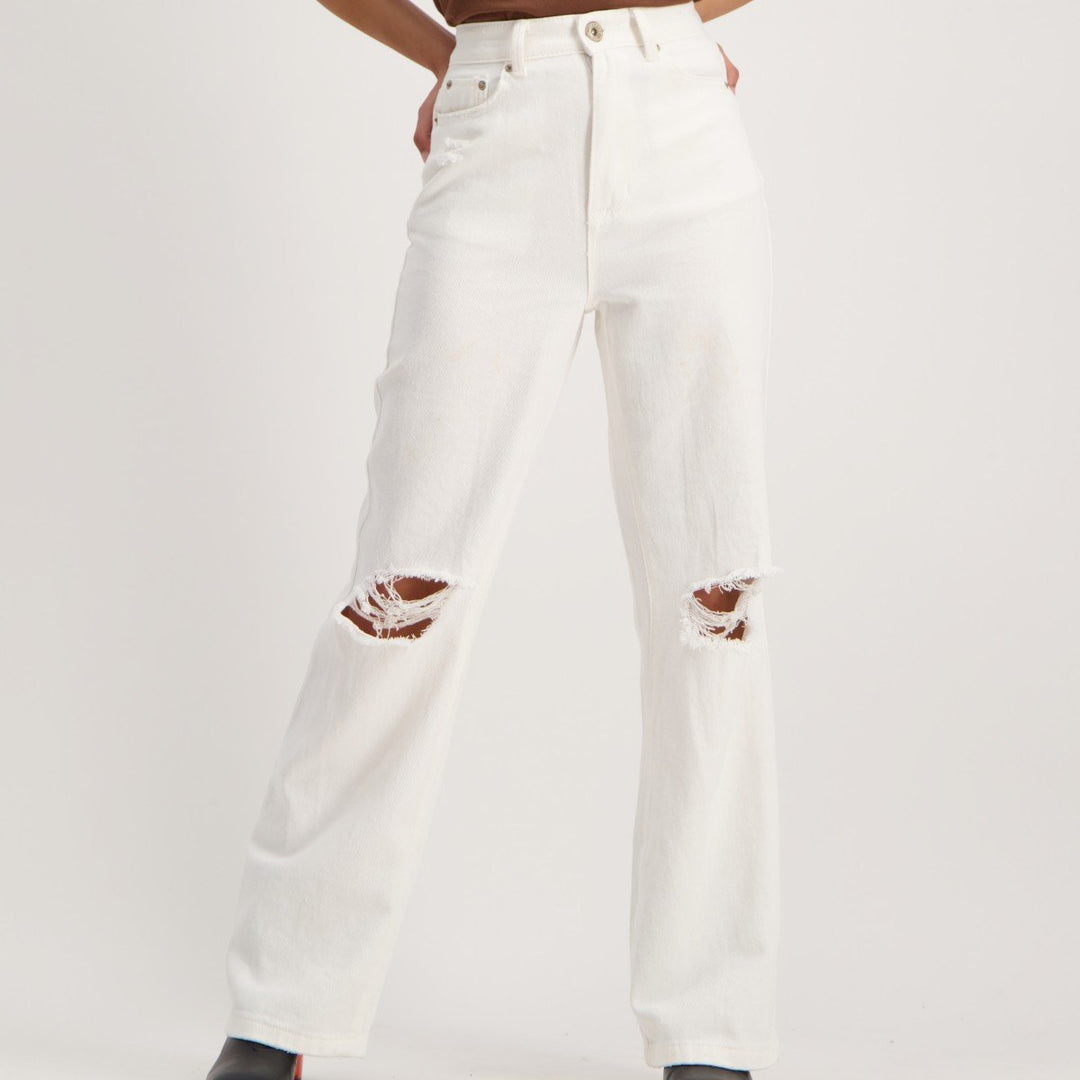 Ladies Ivory 90'S Fit Ripped Denim Jean