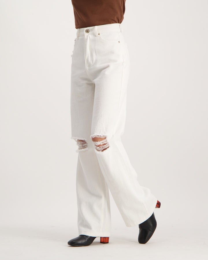 Ladies Ivory 90'S Fit Ripped Denim Jean