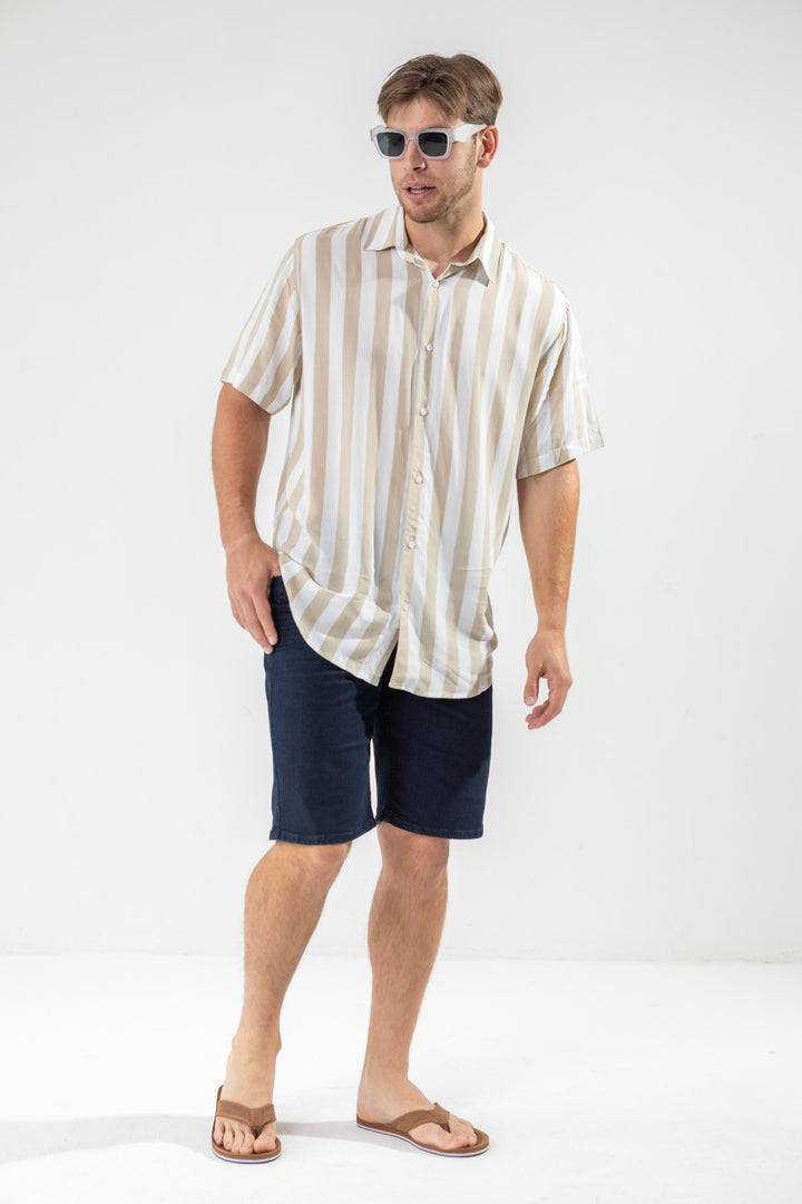 Short Sleeve Viscose Stripe Regular Shirt - Stone