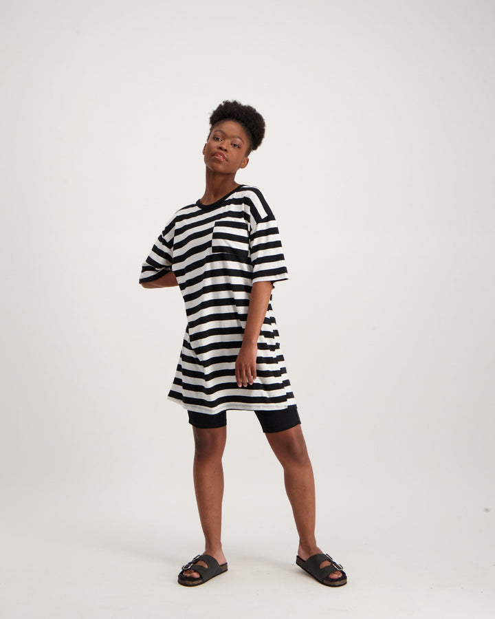 Ladies Oversized Stripe T-Shirt Dress-Black