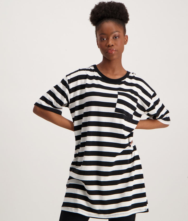 Ladies Oversized Stripe T-Shirt Dress-Black