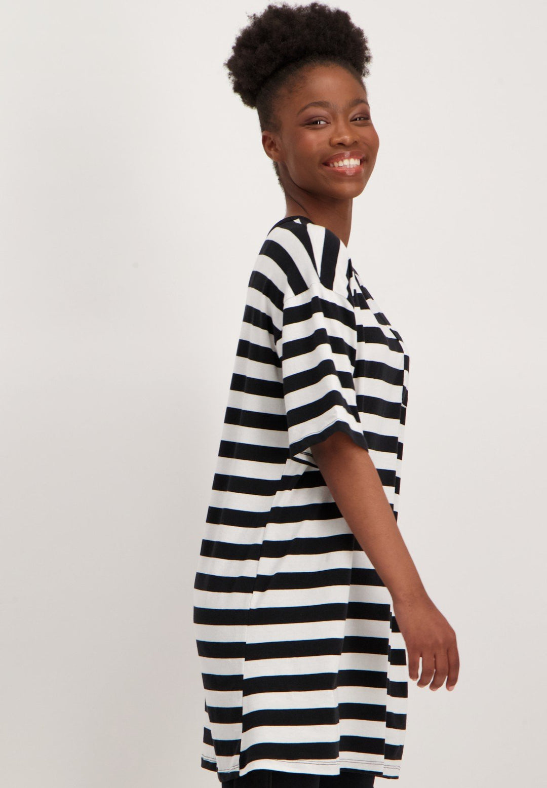 Ladies Oversized Stripe T-Shirt Dress-Black