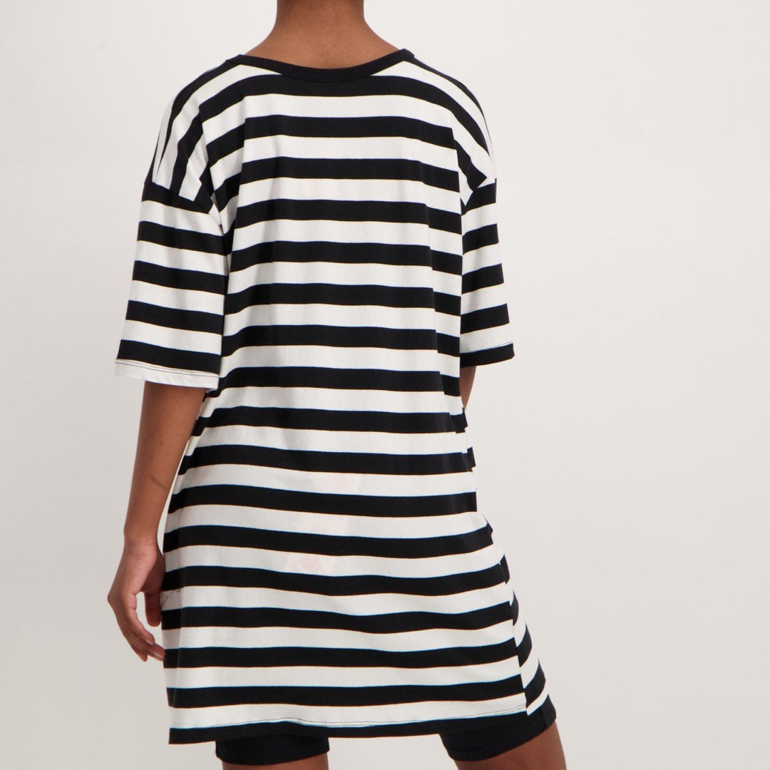 Ladies Oversized Stripe T-Shirt Dress-Black