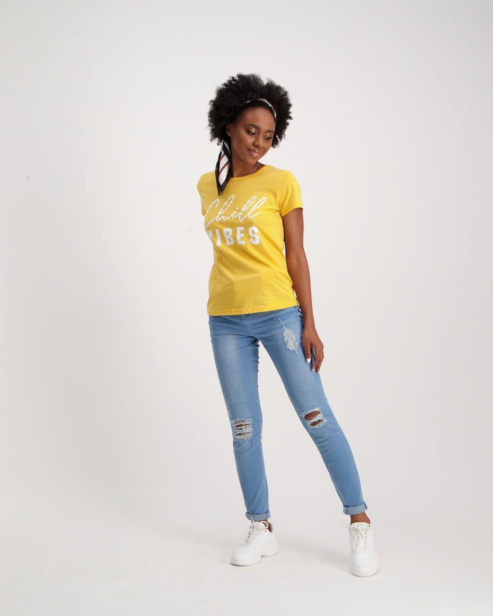 Ladies Short Sleeve Chill Vibes Tee-Mustard