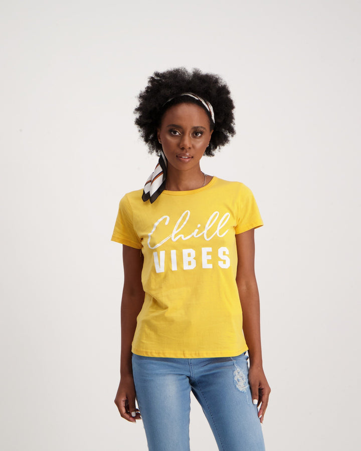 Ladies Short Sleeve Chill Vibes Tee-Mustard