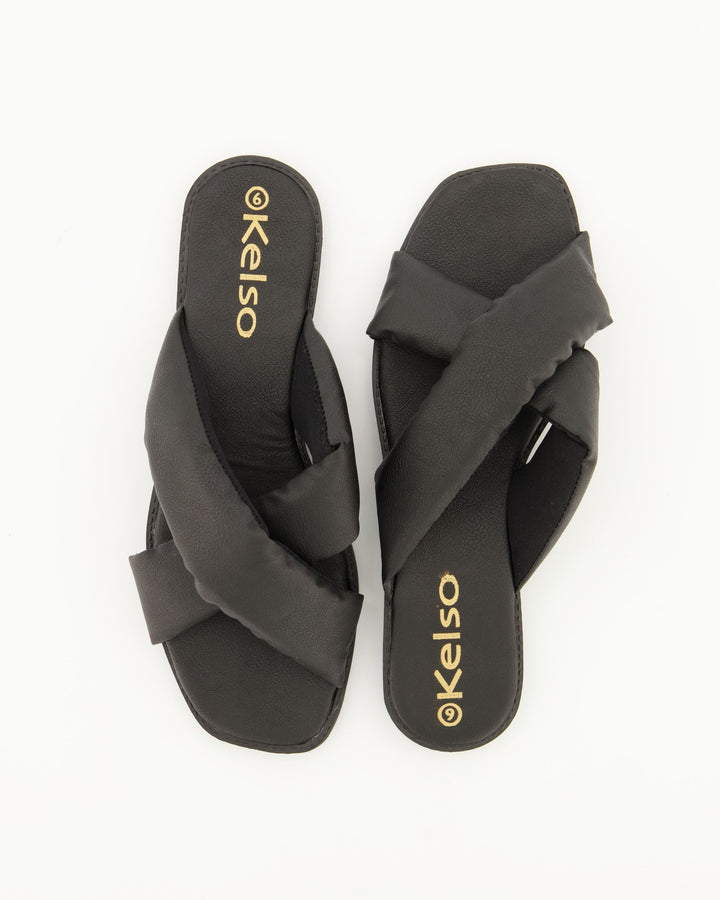 Ladies Cross Over Square Toe Mule - Black