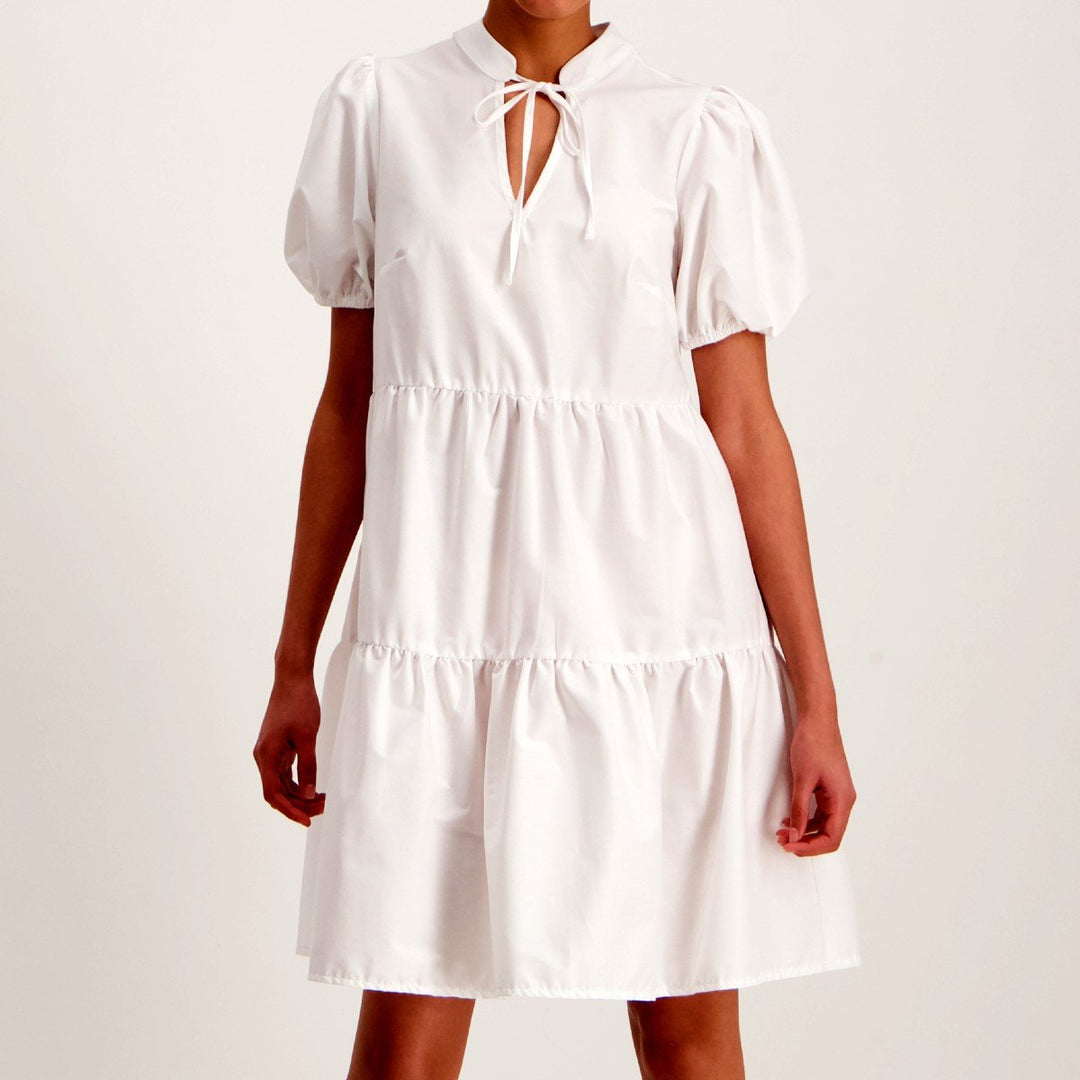 Ladies Tiered Poplin Peasant Dress - White