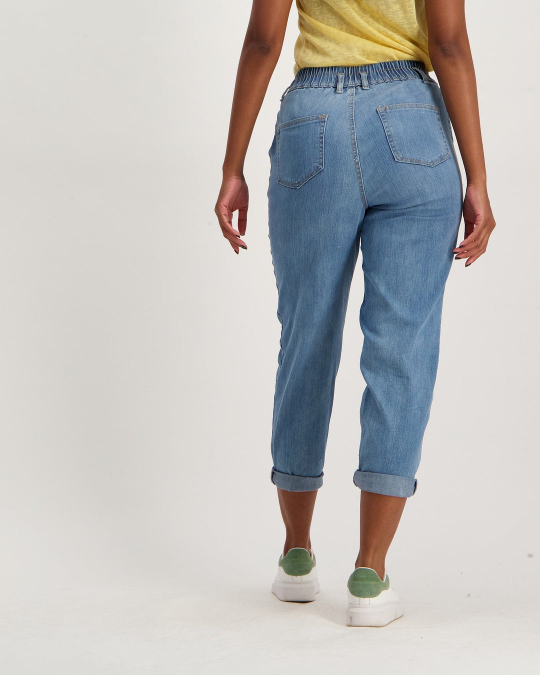 Ladies Light Wash Elasticated Tapered Denim Jean