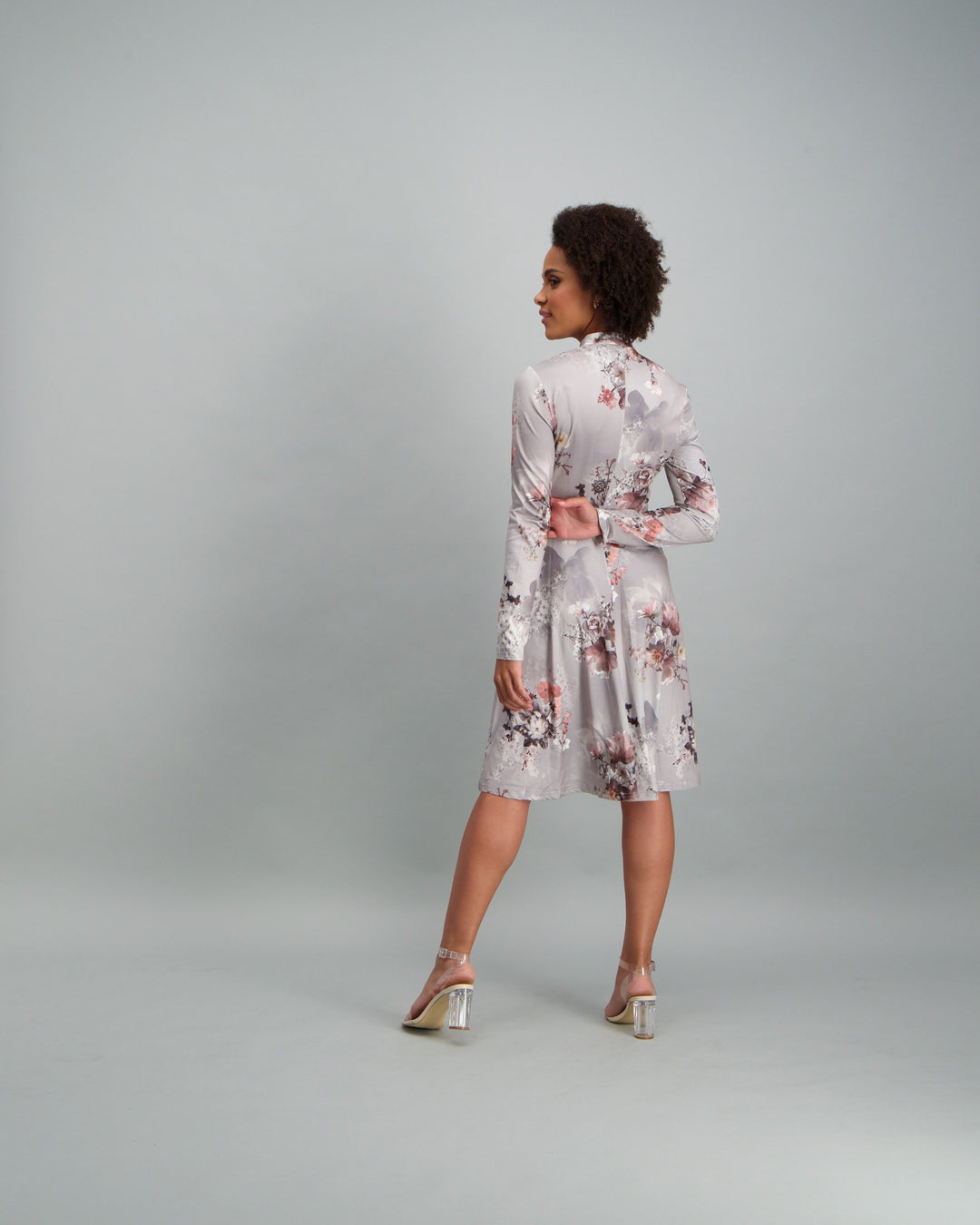 Ladies-Floral Tie Neck Fit & Flare Dress - Grey