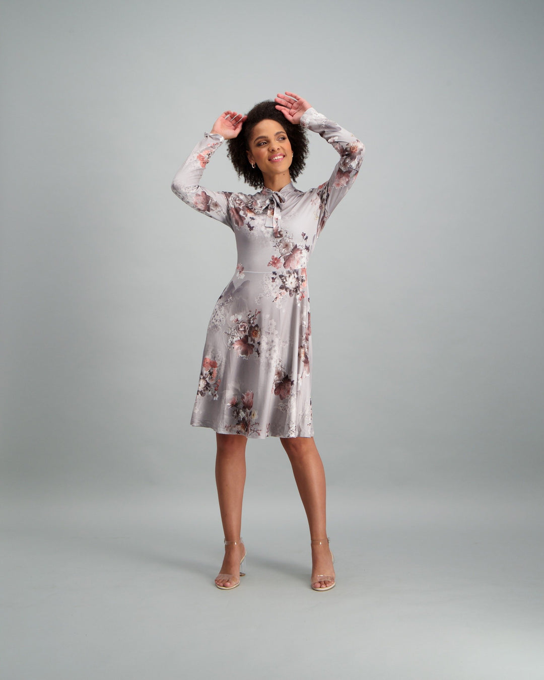 Ladies-Floral Tie Neck Fit & Flare Dress - Grey