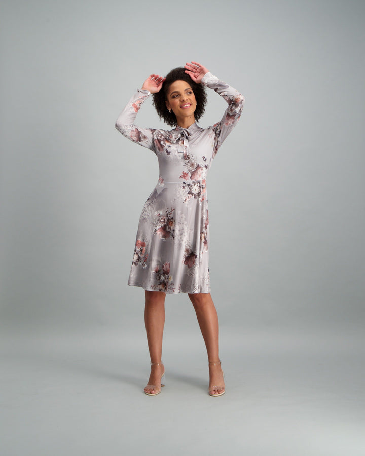 Ladies-Floral Tie Neck Fit & Flare Dress - Grey