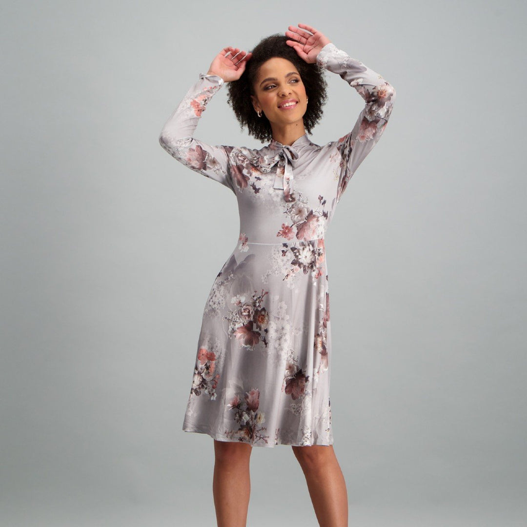 Ladies-Floral Tie Neck Fit & Flare Dress - Grey
